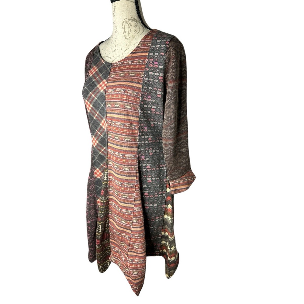 Sacred‎ Threads Long Sleeve Dress Muted Mixed Print Zig Zag Hemline Size Medium